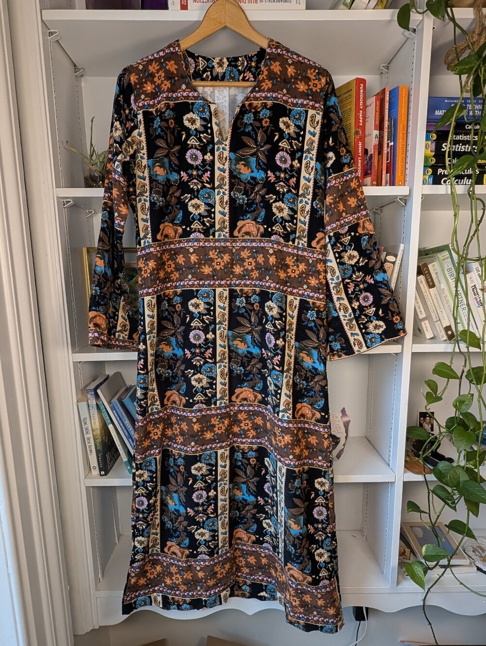 Floral Patchwork Long Sleeve Maxi Dress Corduroy Size Large Boho Whimsi 70s